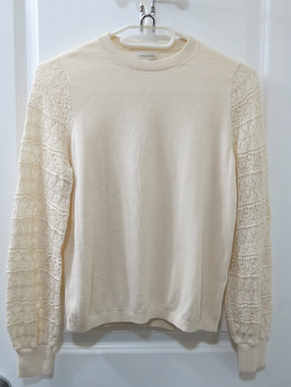 Garnet Hill Beige Pima Cotton Lace Detail Long Sleeve Crewneck Sweater - Size XS